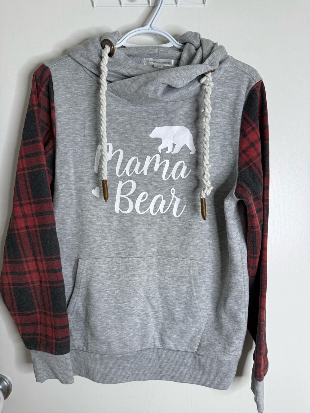 Warehouse One Hoodie Gray w Plaid Sleeves & "Mama Bear" printed on front